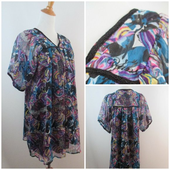 NWT VANS Off The Wall Multi Color Print Chiffon V Neck Loose Fit Lined Dress - Picture 1 of 9
